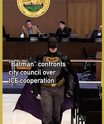 ‘Batman’ Takes on ICE Ahead of Super Bowl 2026 in Santa Clara video poster