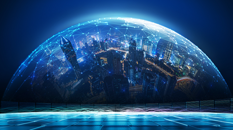 Futuristic city under a glowing transparent dome connected by blue digital lines and networks at night.